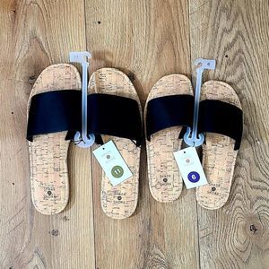 Women's EUC Slide Sandals Open Toe Fake Cork Black Strap Multiple Sizes NWT